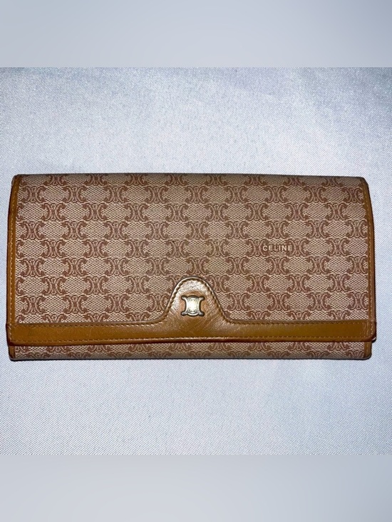 Celine Handbags - CELINE Tan Kisslock Long Wallet EUC Macadam Print in Leather & Coated Canvas